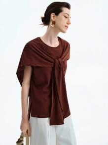 Aalyst Poncho Elegante Feminino, Casual, Adequado para Férias, Formatura, Dia da Independência, Verão, Minimalista, Estilo Vintage, Camiseta Marrom Café - Café - Visão 1