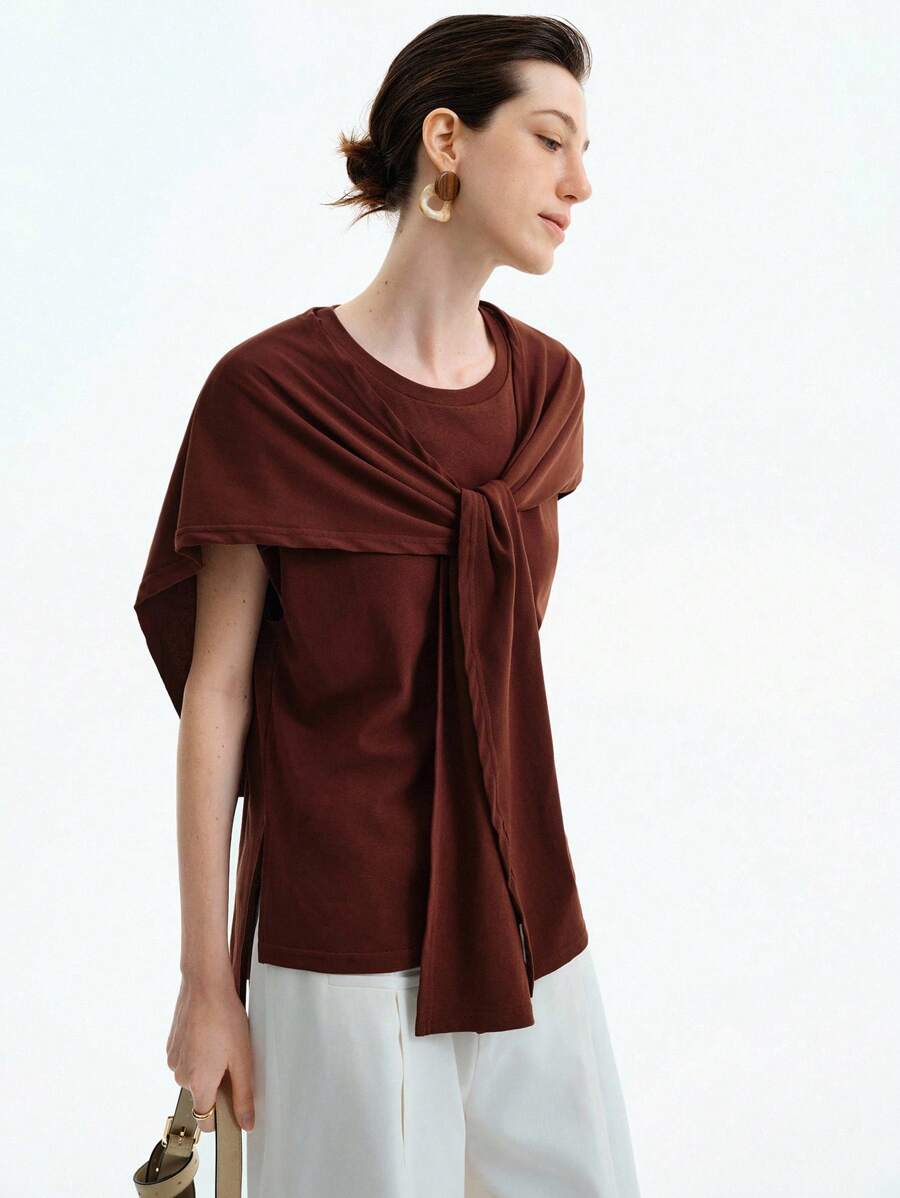 Aalyst Poncho Elegante Feminino, Casual, Adequado para Férias, Formatura, Dia da Independência, Verão, Minimalista, Estilo Vintage, Camiseta Marrom Café - Café - Visão 1