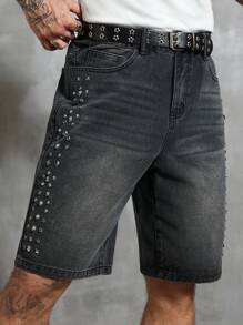 Manfinity Homme Pantaloncini di jeans cargo da uomo di colore solido decorati con diamanti