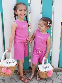 Baby Girl Letter Graphic Tank Top & Tie Front Shorts - Pink - View 2