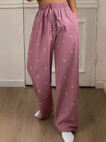 DAZY Cute Bow Print Loose Pajama Bottom, Winter - Purple - View 3