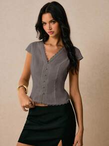 Poéselle Blusa elegante de mujer con contraste de encaje y cuello en V