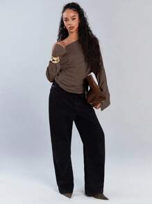 Athîral Dam Casual Enfärgad Asymmetrisk Krage Dragsko Topp, Höst - Brun - Visa 4