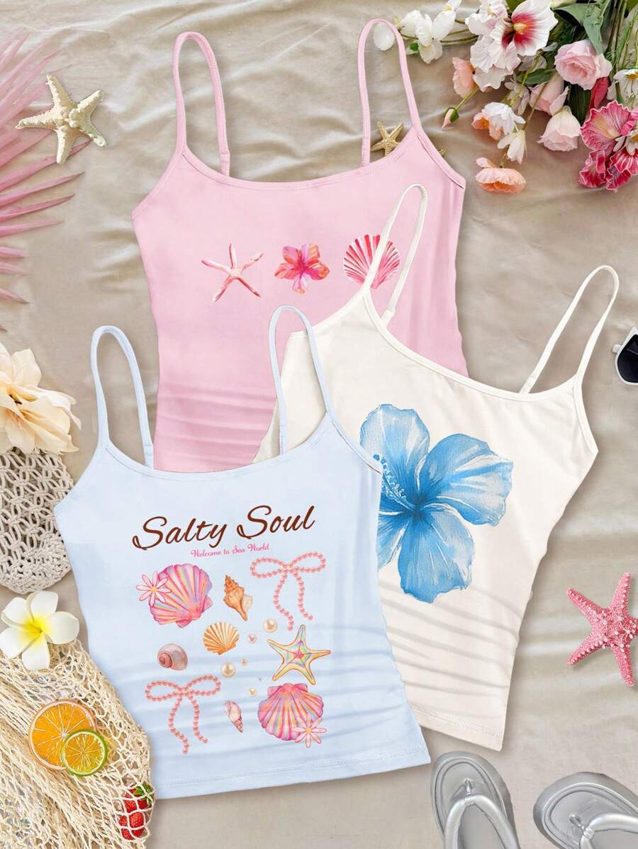 Set de 3 piezas de camiseta de tirantes básica de ajuste delgado y casual para niñas preadolescentes - Multicolor - Ver 1