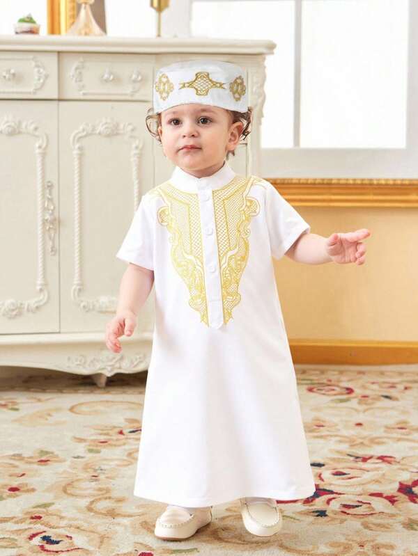 SHEIN 2 pièces Chemises bleues élégantes avec chapeau à broderie dorée pour bébés garçons, cardigans amples décontractés pour l'extérieur, la maison, les fêtes, l'été