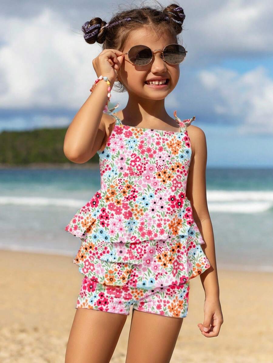 SHEIN Young Girl Ditsy Floral Twist Strap Multi-Ruffle Hem Tankini Set, Summer Holiday Style - Multicolor - View 1