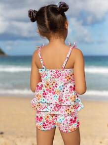 SHEIN Young Girl Ditsy Floral Twist Strap Multi-Ruffle Hem Tankini Set, Summer Holiday Style - Multicolor - View 2