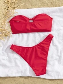 SHEIN Swim 女款純色抹胸鏤空性感比基尼泳衣套裝，無鋼圈，適合夏季海灘度假 - 紅色 - 查看 2