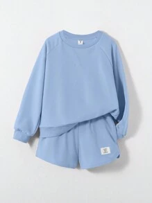 SHEIN Tween Girl Solid Colored Knitted Sweatshirt And Shorts Casual 2-Piece Set