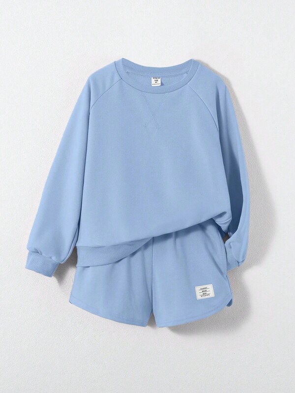 SHEIN Tween Girl Solid Colored Knitted Sweatshirt And Shorts Casual 2-Piece Set