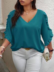 Calvaya Plus Size Summer Casual Solid Color Ruffle Trim Blouse,Valentine - Teal Blue - View 4