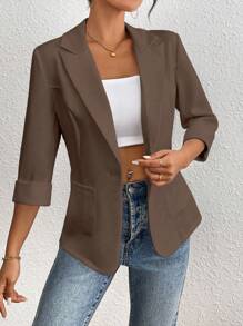 Franclia Plain Simple Style Casual Office Blazer Jacket, Spring And Summer Maillard Style Clothes For University - Coffee Brown - View 7