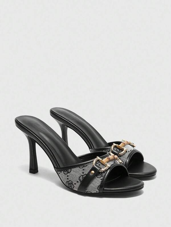 CUCCOO BIZCHIC Black PU Mixed Fashionable Gold-Tone Buckle Contrast Color Round Toe Slip-On Comfortable High Heel Sandals