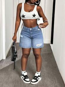 Slaydiva Women's High Waist Blue Ripped Casual Denim Shorts - Light Wash - View 6