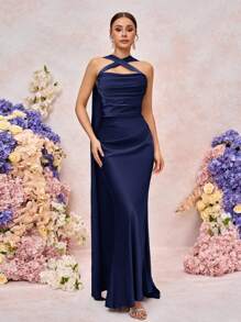 SHEIN Belle Robe de demoiselle d'honneur élégante et romantique avec décoration de ruban tressé mat et fluide, épaules dégagées, sans bretelles, ajustée et à queue de poisson