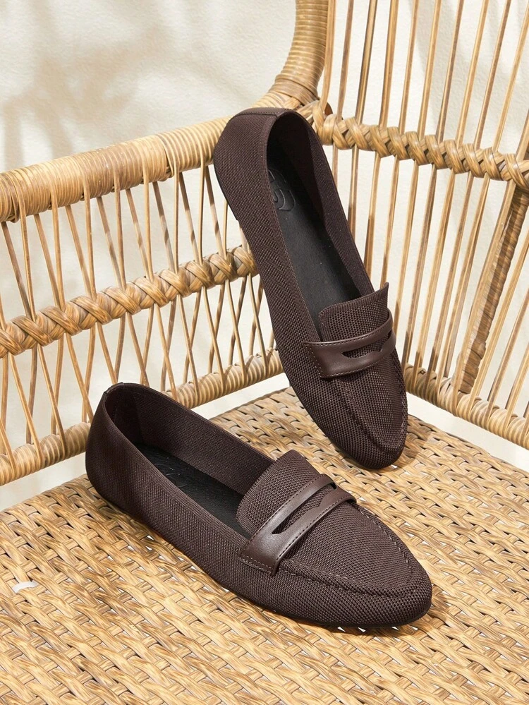 CUCCOO BASICS コーヒー色のラウンドトゥフラットニット素材ローファー レディース、通勤、デート、パーティー、ショッピング、オフィスに適しています