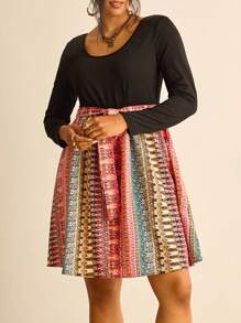 SHEIN VCAY 大码女式几何印花系带长袖连衣裙 - 彩色 - 查看 4