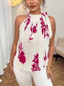 Flirla New Bowknot Spaghetti Strap Sleeveless Printed Pleated Shirt