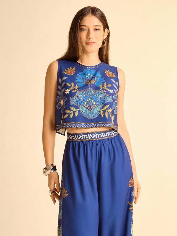 CAJUNI Blusa holgada de verano con cuello redondo, espalda hueca, y estampado tropical de plantas en azul profundo, apropiada para citas, playa y vacaciones