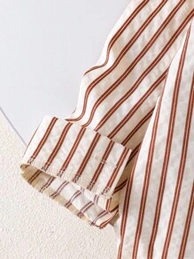 Young Girls Casual Khaki Striped Textured Turndown Collar Long Sleeve Shirt, Fashionable Top For Commute, Autumn - Khaki - View 7