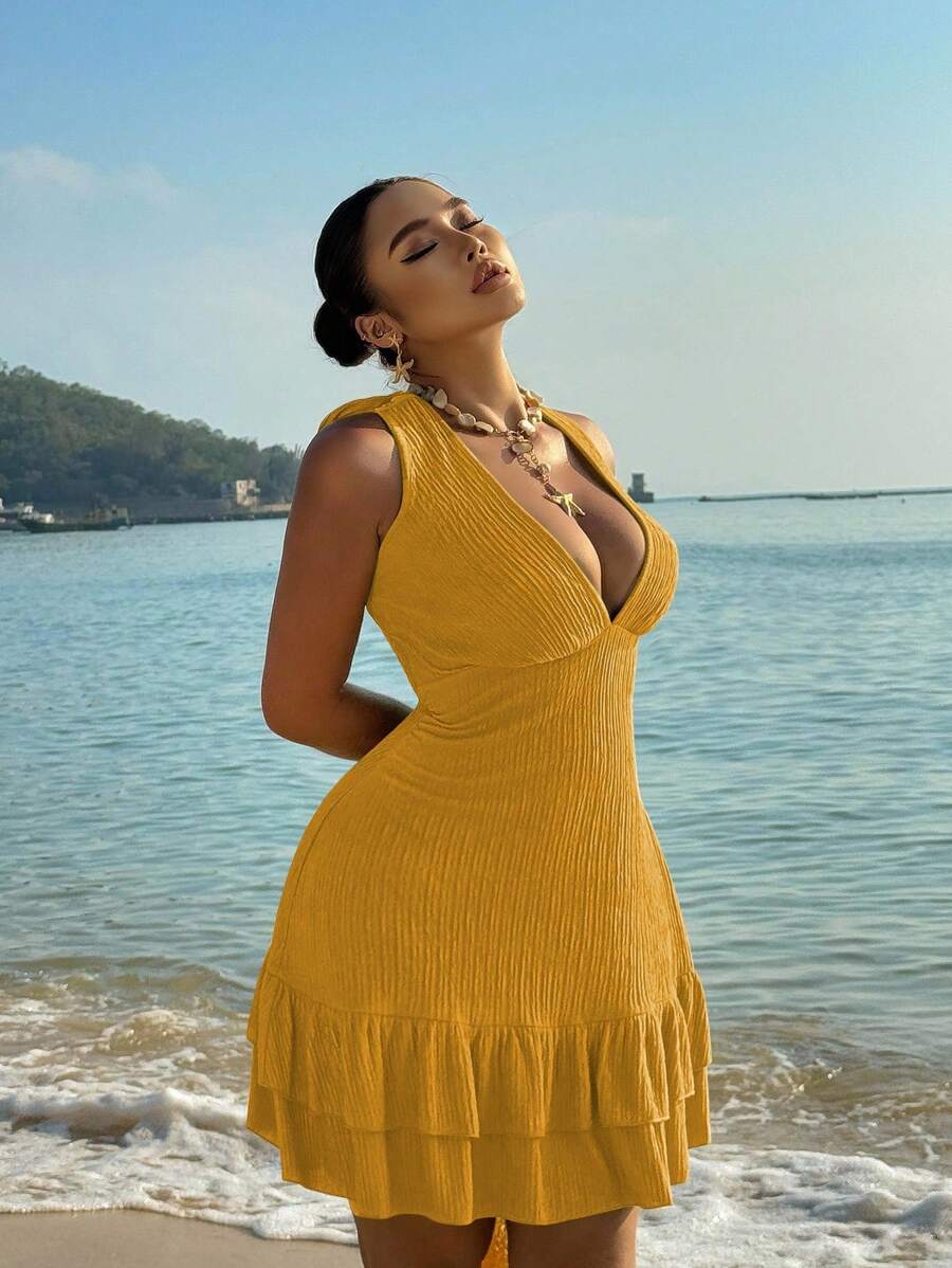 SHEIN SunnyBelle Đầm suông hở lưng cổ chữ V sâu cỡ lớn, đi nghỉ - Màu vàng - Xem 1