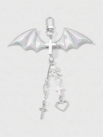 Grunge Punk 1pc Y2K Delicate Luxurious Minimalist Versatile High-End Silver Leather Angel Wings, Hollow Cross, Heart, Star, Bow Decor Phone Grip, Keychain, Bag Charm, Suitable As Gift For Women, Daily Use Or Festivals