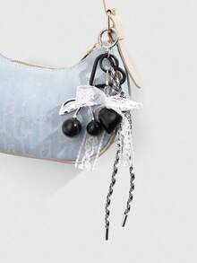 ROMWE Kawaii 1pc Delicate Gothic Style Black Resin Cherry, White Mesh Bow Braided Cord Acrylic Heart DIY Keychain, Phone Charm, Bag Decor, Suitable For Women, Girls, Daily Wear Or Gifts