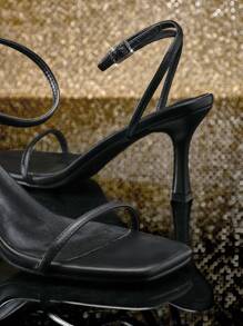 SHUZIA Women's Stylish Square Toe Rhinestone Square Buckle Decor Stiletto Heel Sandals Wedding Shoes - Black - View 4