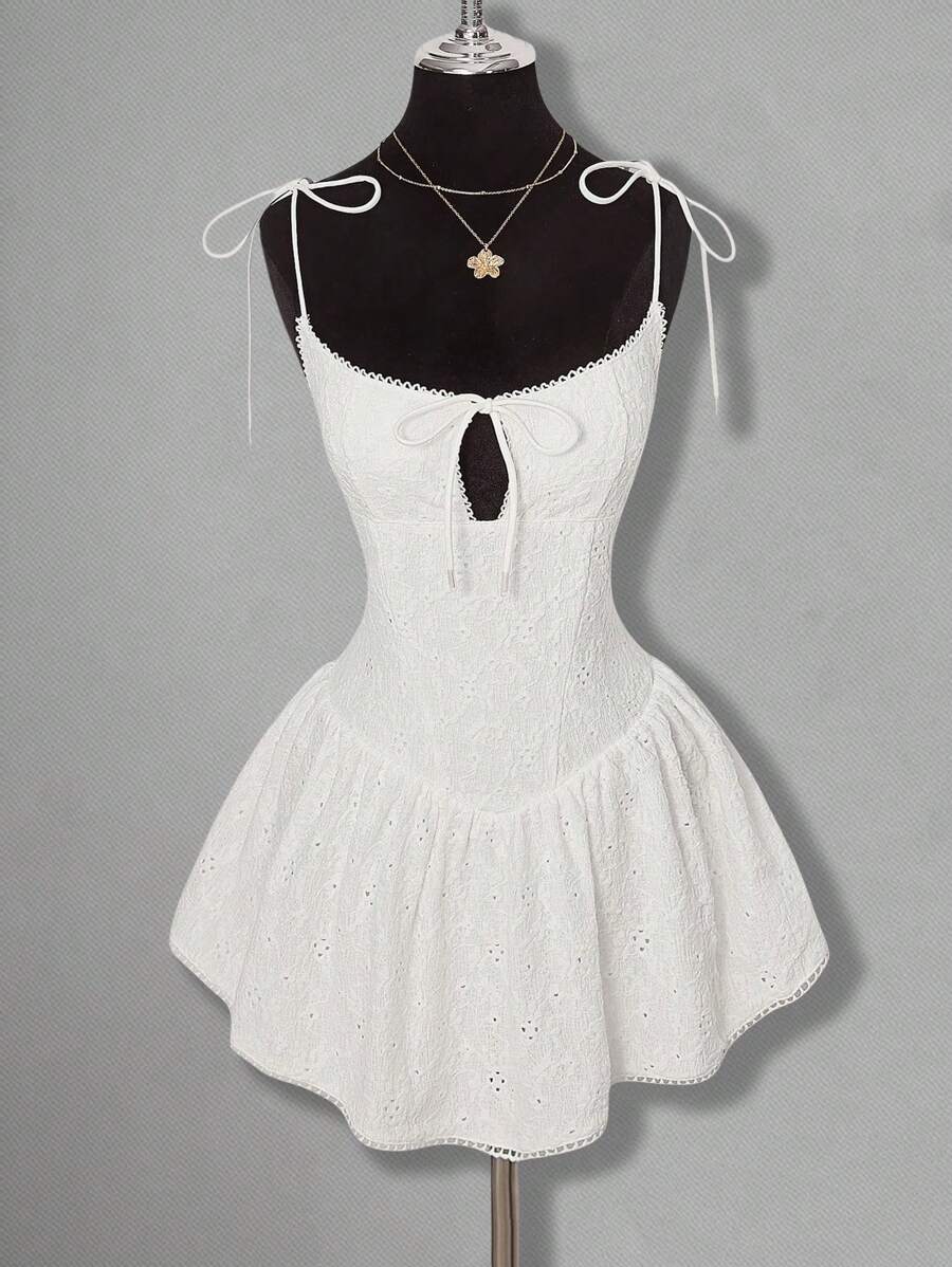 SHEIN ICON Embroidered Skater Dress A-Line Bowknot Waist Lace Panel Detail Mini Dress - White - View 1