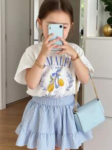 SHEIN 年轻女孩可爱度假蝴蝶结、柠檬印花、芭蕾舞女演员印花、休闲图案短袖 T 恤，适合夏季、度假、搭配家庭阿马尔菲海岸图案 T 恤 - 白色 - 查看 2