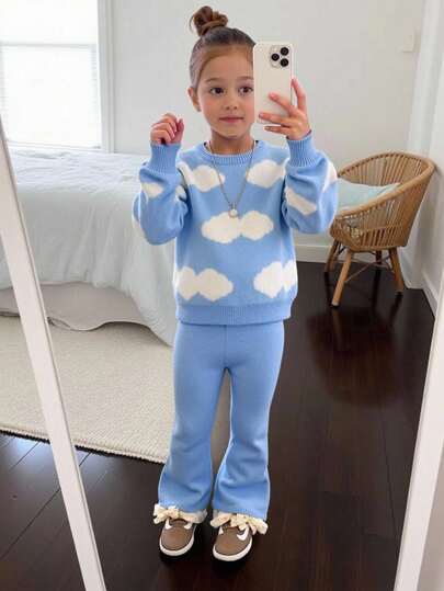 Conjunto de 2 piezas para niña: suéter con patrón de nubes 3D y pantalones de pierna acampanada de punto, ideal para Navidad, uso casual y diario, y escuela en otoño e invierno. Manga larga, cálido y cómodo.