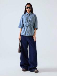 LYSMO 夏季女士舞会/正式场合/海滩/度假/可爱/西部风/商务休闲/优雅/生日/外出/夜店/办公室/节日/锐舞派对/工作服/优雅/乡村音乐会/早午餐/邮轮/老钱/机场/得体/教堂/童话/下午茶/千禧一代/街头风/2000年代/迪斯科/春假/毕业典礼/婚礼宾客/鸡尾酒会/复古/修身/度假/蓝色短袖宽松牛仔上衣/牛仔纽扣口袋上衣/抽绳/腰部/牛仔上衣，外出 - 藍色 - 查看 4