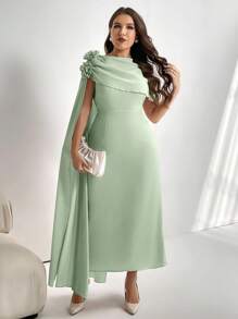 Firerie Váy cưới dài tay bèo nhún họa tiết hoa cỡ lớn màu hồng nhạt, váy dài chữ A thanh lịch, lãng mạn, nhẹ nhàng, váy mùa hè cho nữ - màu xanh lá - Xem 4