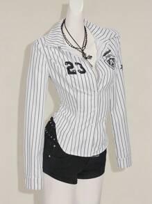 SHEIN ICON 女式黑白条纹长袖短款衬衫，数字印花，修身剪裁，学院风，夏季女士棒球衫细条纹棒球衫女士棒球上衣女士棒球球衣棒球纽扣衬衫 - 彩色 - 查看 8