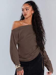 Athîral Dam Casual Enfärgad Asymmetrisk Krage Dragsko Topp, Höst - Brun - Visa 5