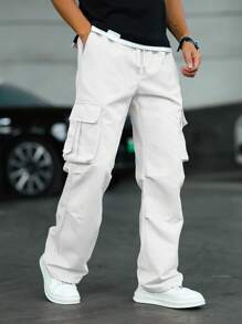 Manfinity EMRG White Woven Fabric Long Wide Leg Cargo Pants With Zipper For Street Casual Style Avant-Garde Plain White Cargo Pants With Utility Pockets And Relaxed Fit Loose Fit Men's Flap Pocket Side Drawstring Waist Cargo Pants White Cargo Pants Men Cargo Pants Men White Cargo Pants Baggy Cargo Pants Loose Fit Cargo Pants Men Loose Fit Cargo Pants, Fall