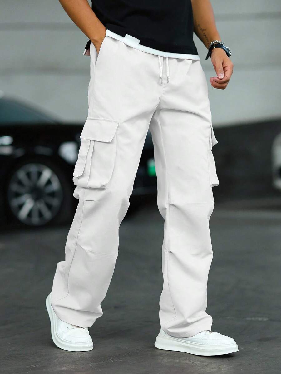 Manfinity EMRG White Woven Fabric Long Wide Leg Cargo Pants With Zipper For Street Casual Style Avant-Garde Plain White Cargo Pants With Utility Pockets And Relaxed Fit Loose Fit Men's Flap Pocket Side Drawstring Waist Cargo Pants White Cargo Pants Men Cargo Pants Men White Cargo Pants Baggy Cargo Pants Loose Fit Cargo Pants Men Loose Fit Cargo Pants, Fall