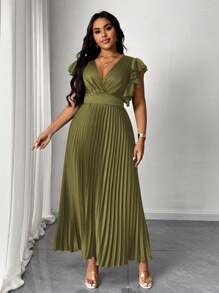 Maweii Plus Size Solid Color V-Neck Ruffle Sleeve Pleated Dress - Army Green - View 3