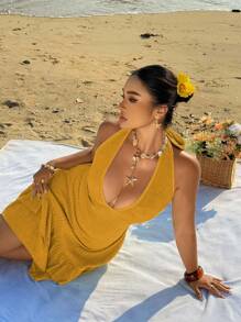 SHEIN SunnyBelle Đầm suông hở lưng cổ chữ V sâu cỡ lớn, đi nghỉ - Màu vàng - Xem 2