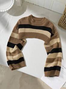 SHEIN Tween Girls Brown Color Stripe Pattern Drop Shoulder Super Crop Y2K Grunge Sweater, Suitable For Daily Wear, Casual Occasion,In Fall/Winter