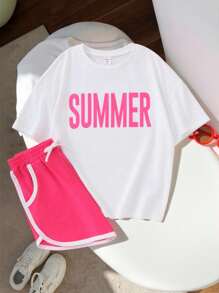 SHEIN Tween Girl Casual Knitted Round Neck Short-Sleeved T-Shirt With Letter Print And Color Block Shorts Set, Daily Wear