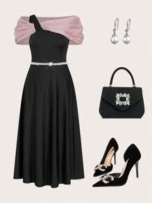 Modelyn Vestido de línea A con cuello asimétrico de color contrastante, elegante y de talla grande, para el verano - Negro - Ver 1