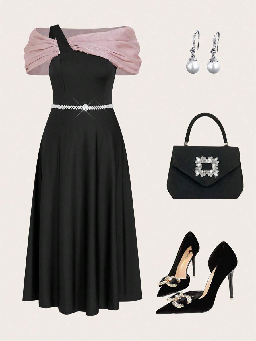 Modelyn Vestido de línea A con cuello asimétrico de color contrastante, elegante y de talla grande, para el verano - Negro - Ver 1