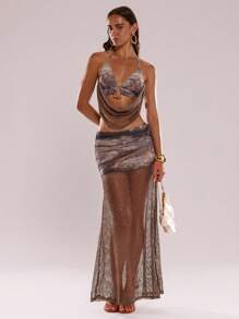 SHEIN BAE 女式夏季性感度假风扎染印花百褶网眼拼布透视裙