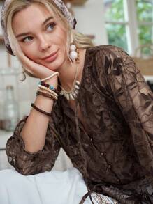 LanaWest Women's Boho Lace Snap Front Fitted Shirt - Brown - View 6