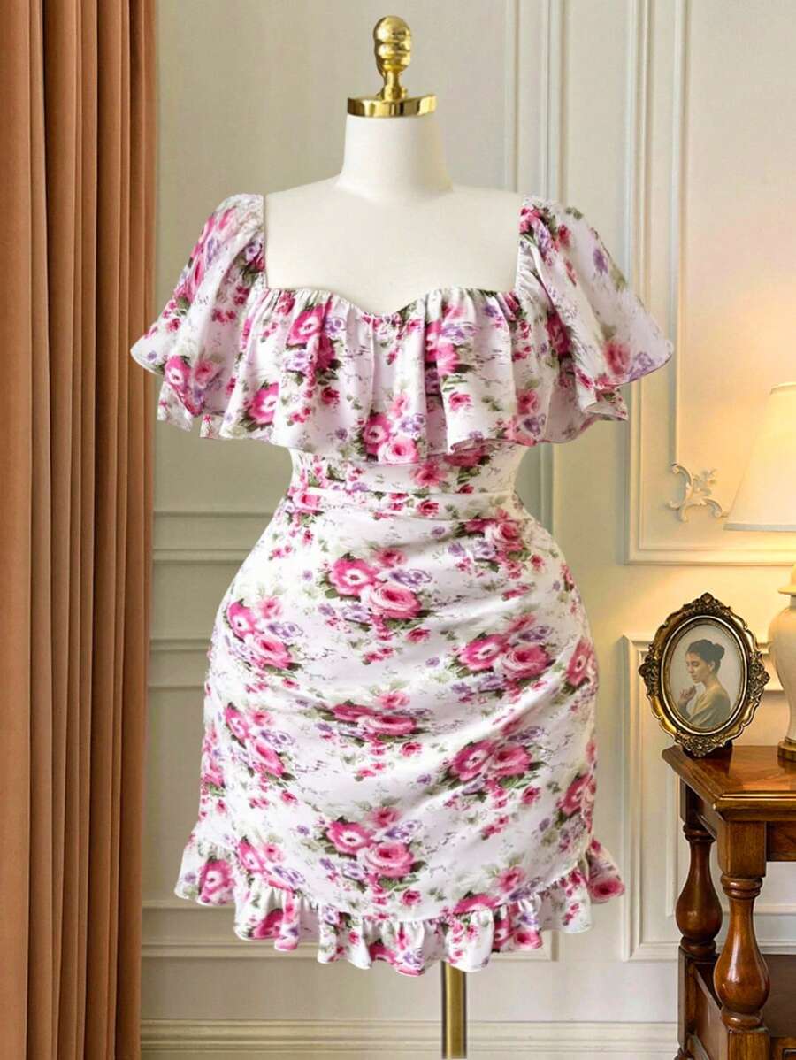 DreamSkyne Vestido corto ajustado de verano para mujer de tallas grandes, romántico y elegante, con estampado de gasa de hombros descubiertos y volantes en el bajo - Multicolor - Ver 1