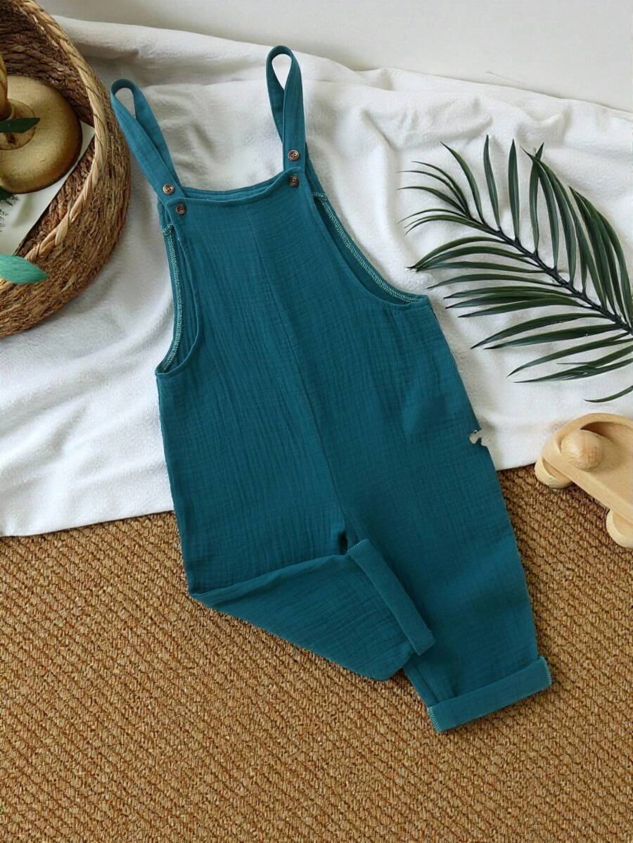 SHEIN Young Boy Casual Comfortable Soft Bib Overall Shorts, Suitable For Getaway, Holiday, Travel, Relax, Sunbathing, Summer - Navy Blue - View 1