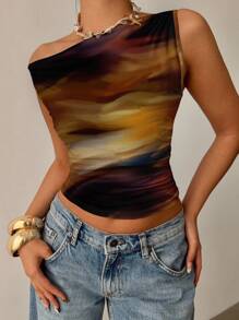 Siren Gaze 棕色晕染渐变图案优雅浪漫风格女式短袖上衣，适合夏季休闲、海滩、音乐节、波西米亚风、度假氛围女式短款上衣短款上衣女式图案单肩上衣短款上衣抽象印花短款上衣适合外出 - 彩色 - 查看 1