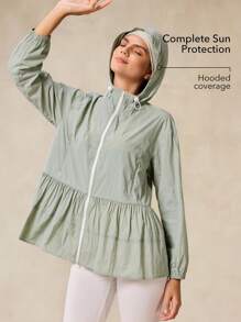 OutZeal Damska kurtka sportowa z ochroną UV, lekka, chłodząca, z falbaniastym brzegiem, chroniąca przed słońcem, na co dzień - Zielony - Zobacz 2