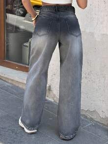 EURMUSE 女士高腰阔腿牛仔裤 休闲日常牛仔裤 - 灰色 - 查看 2